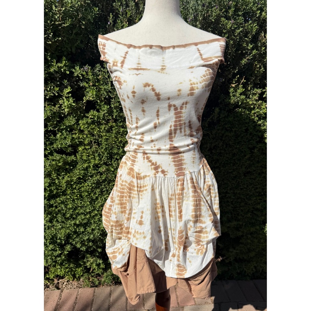 Luna Luz Womens Brown White Tie Dye Off Shoulder Tiered Mini Dress Small USA